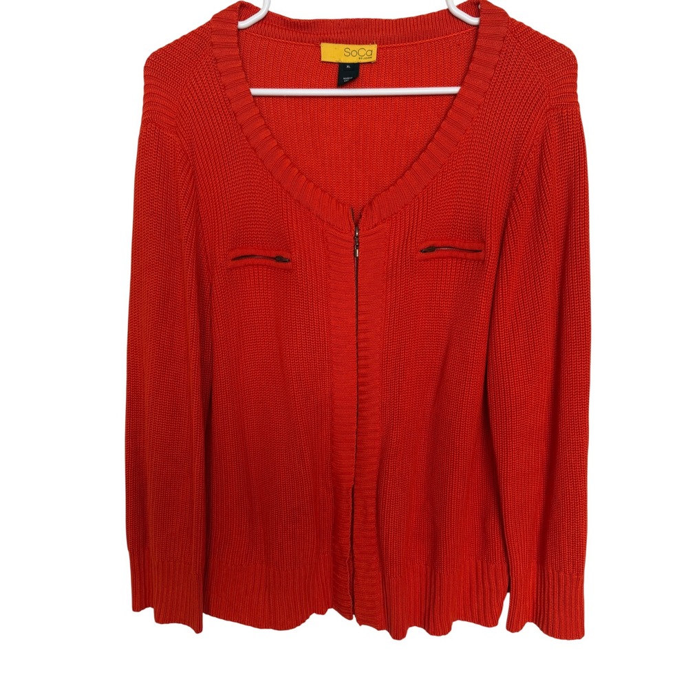 SoCa St John Women's Orange Silk Zip‎ Up Cardigan Sweater XL Fall Cozy Designer